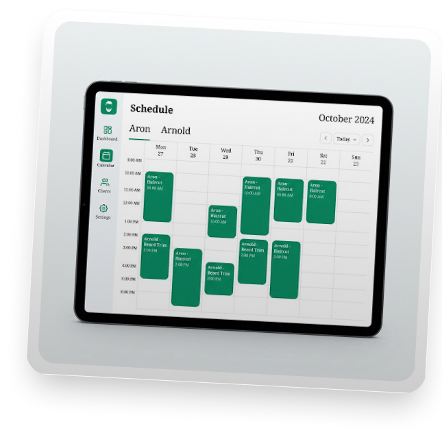BookMyBarber weekly barber schedule interface shown on a tablet